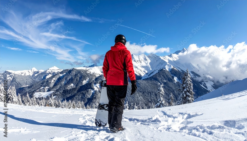 Fototapeta premium snowboarding in high mountains Blue sky day. Extreme winter sports