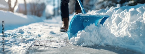 Low-angle shot: blue snow shovel clearing a sidewalk after heavy snowfall