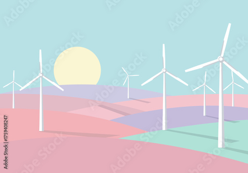 Wind Turbines in pastel landscape background