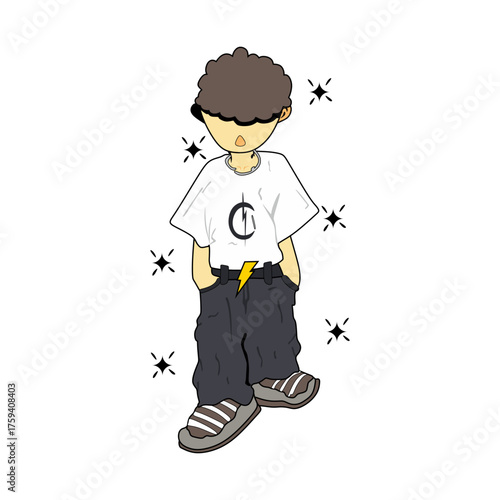 A trendy cartoon character standing in style, wearing a white shirt and jeans.