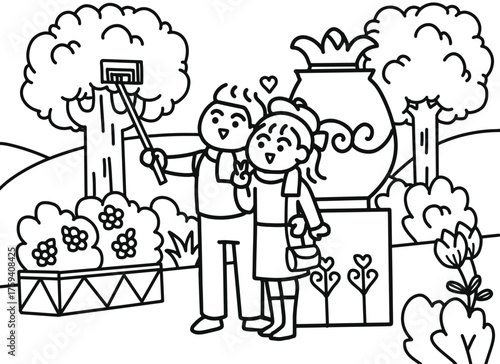 A couple taking a photo together in a park.