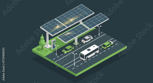 Isometric Electric Vehicle Charging Station with Solar Panel