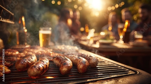 Summer BBQ: Juicy sausages grilling with smoke, people, and sunset lens flare