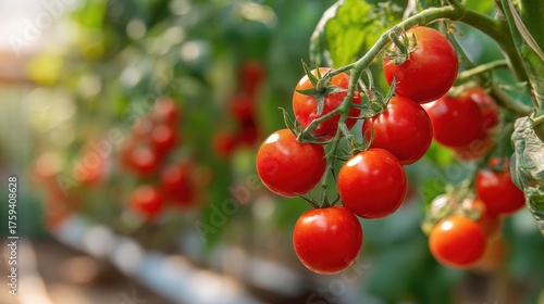 Fresh Harvest: Close-up of vibrant ripe cherry tomatoes on the vine in a greenhouse