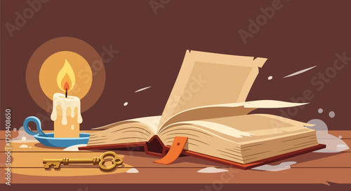 Open book with candle and key on wooden table.