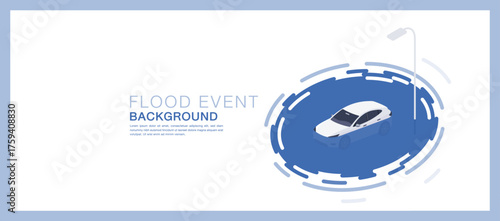 Car flooded on street under lamppost isometric design