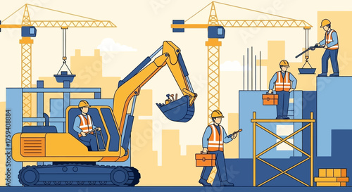 Construction workers operate heavy machinery and cranes building urban infrastructure Teamwork and progress