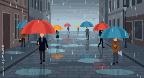 People walking with colorful umbrellas in the rain.