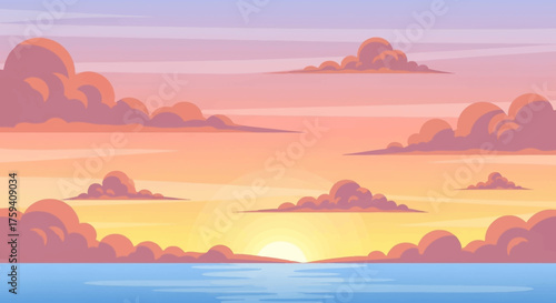 Pixel Art Sunset Over Water with Clouds.