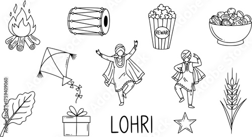 Lohri festival elements set, including bonfire, dhol, folk dancers, traditional treats, kite, and wheat. Outline vector illustration.