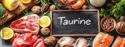 Taurine-rich foods: salmon, meat, eggs, seafood, and legumes, with a 