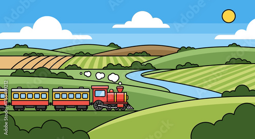 Red Train Journey Through Green Fields - A Scenic Adventure.