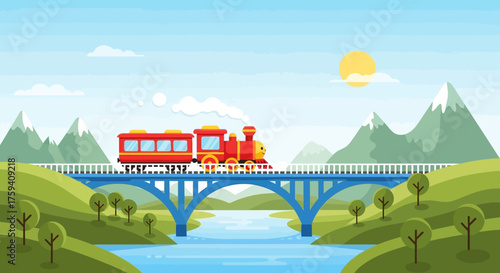 Red train crossing a blue bridge over a river on a sunny day.