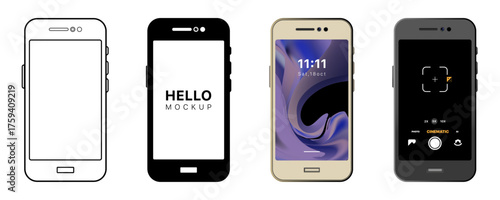 Smartphone Mockup Set – Front View Mobile Phone Collection. Perfect for UI,UX presentations, app design previews. Vector illustration concept