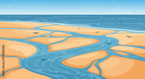 Sandy Beach with Water Channels and Birds in a Sunny Landscape.