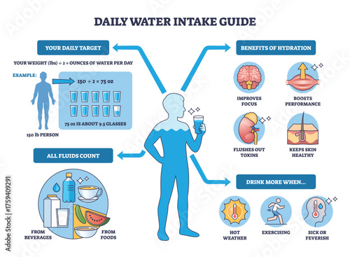 Daily hydration intake guide explaining targets, benefits, and when to drink more, human silhouette, glass of water, and arrows summarize sources and math. Outline diagram