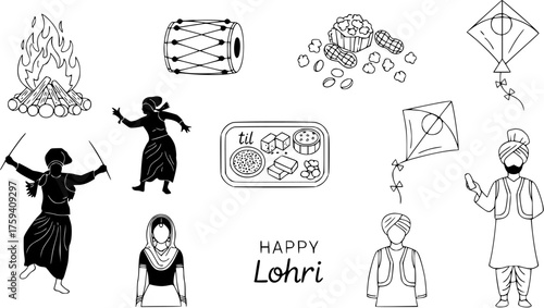 Lohri Festival Elements Vector Illustration: Bonfire, Folk Dances, Traditional Food (Popcorn, Til), Kites, and Punjabi Characters, Happy Lohri Greeting
