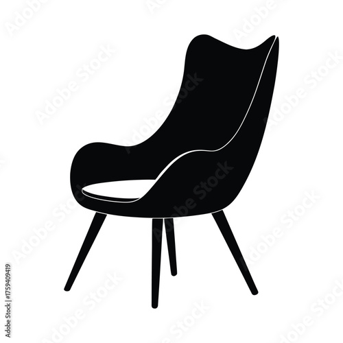 Black modern armchair with wooden legs on white background