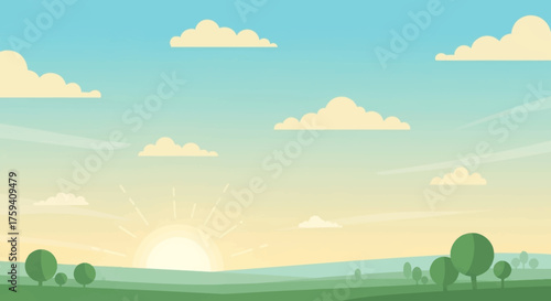 Serene Landscape with Clouds and Trees at Sunrise.