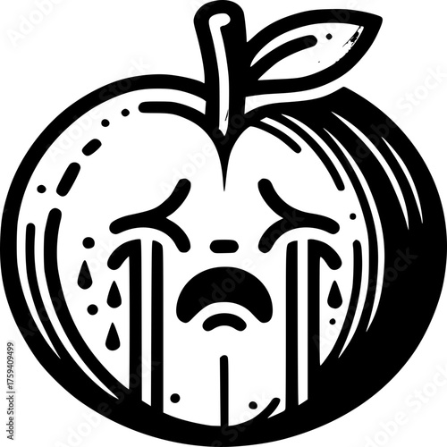Sad Apple: An illustrated apple crying with droplets running down in black and white, depicting sadness and sorrow. 