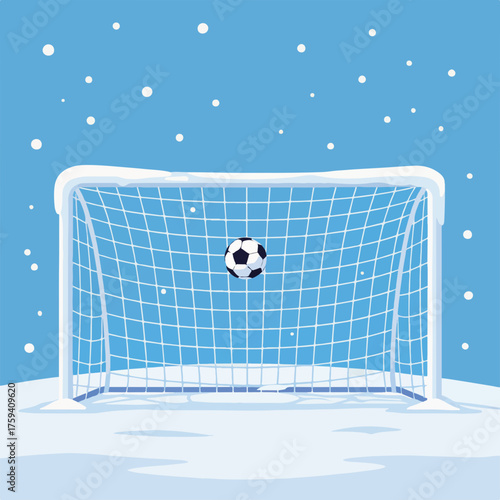 Soccer goal covered in snow with a football in the net. Winter sports scene with falling snow. Flat design graphic