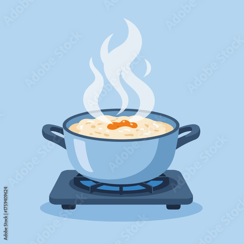 Steaming porridge cooking on a stove. Flat design graphic of a hot breakfast meal. Winter comfort food concept