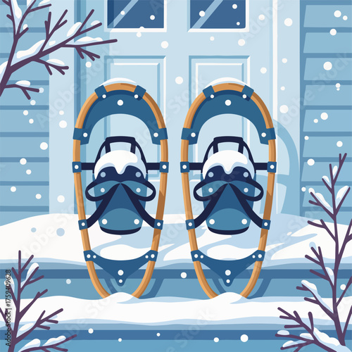 Winter scene with snowshoes on a snowy porch. Outdoor recreation and cold weather activity concept. Modern flat design graphic