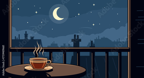 Steaming cup of tea on a balcony table at night.