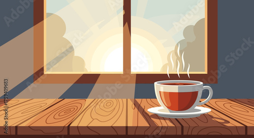 Steaming Cup of Coffee on Wooden Table by Window.