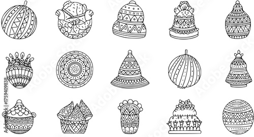 Hand-drawn doodle style decorative elements set with intricate abstract patterns. Black and white line art vector illustration of festive ornaments.