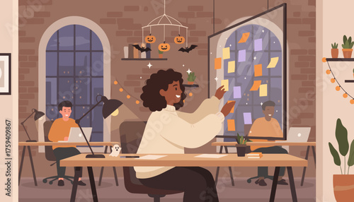 Diverse team collaborating in a festive Halloweendecorated office brainstorming session