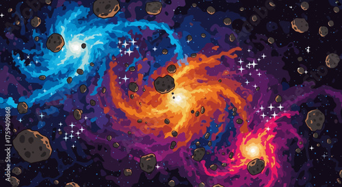 Three vibrant swirling galaxies illuminate the dark expanse of space.