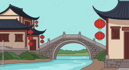 Traditional Chinese Buildings and Stone Bridge over a River.