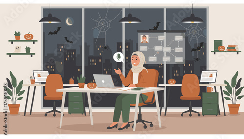 Woman in hijab on video call in festive Halloween office city night view