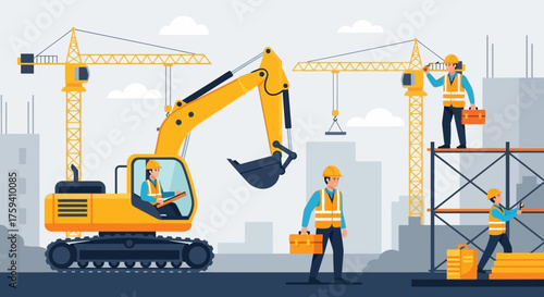 Construction workers and heavy machinery collaborate on a modern urban building site symbolizing progress