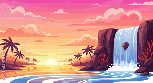 Tropical Waterfall Oasis - A Serene Coastal Landscape with Palm Trees.