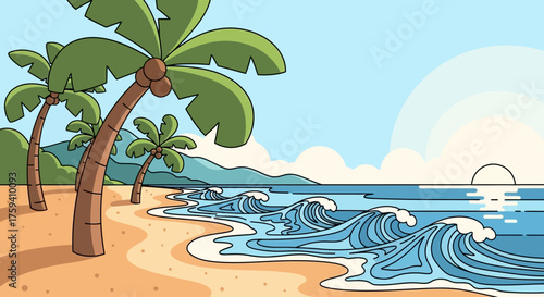 Tropical Beach Scene with Palm Trees and Ocean Waves.
