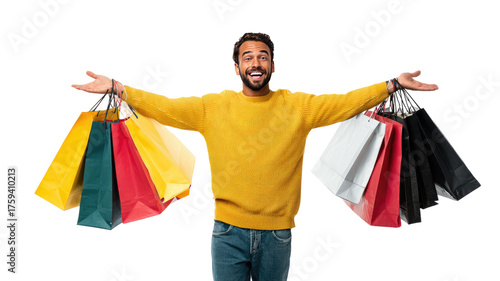 young man holding shopping bags on white background