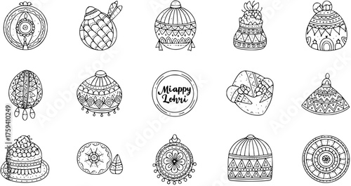 Black and white line art illustrations of traditional Indian folk elements and decorative objects for Lohri festival. A collection of doodle icons celebrating Punjabi harvest.