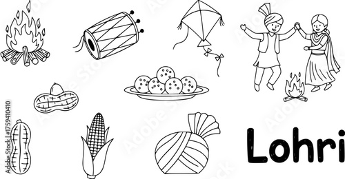 Lohri Festival Elements Doodles Set: Bonfire, Dancing Couple, Peanuts, Kite, Dhol Drum, Corn, Sweets, and Turban - Traditional Indian Celebration Vector