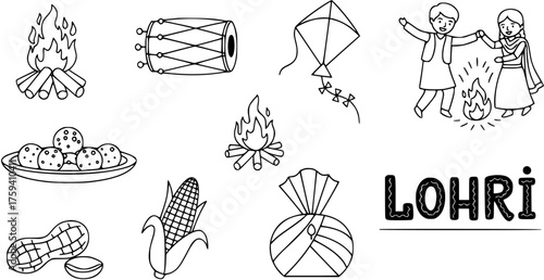 Lohri Festival Outline Doodle Set: Traditional Punjabi Celebration Icons with Bonfire, Drum, Kite, Sweets, Peanuts, Corn, Turban, and Dancing People.