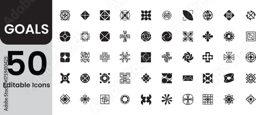 Collection of 50 unique editable icons representing various goals and achievements in a clean black and white design