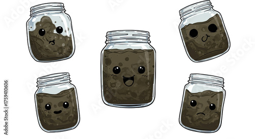 Cute smiling and sad cartoon dirt jars with lids isolated on white background, perfect for gardening or kid craft projects