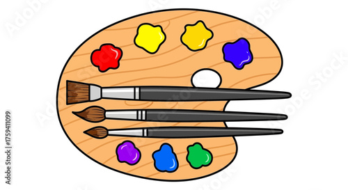 A vibrant illustration of an artist's palette with colorful paint and paintbrushes