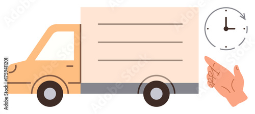 Delivery truck emphasizing logistics, wall clock signifying timing, hand gesture pointing direction or gesture of service. Ideal for delivery, logistics, punctuality, customer service, efficiency