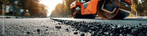 Road repair: close-up of fresh asphalt and road roller at a dynamic low angle