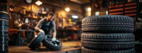 Tire stack in the foreground: auto mechanic working in the dynamic light of a car repair shop