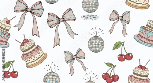 Celebration Seamless Pattern featuring cakes, bows, disco balls, and cherries background