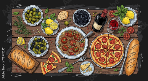 Captivating Italian Feast: A Detailed Illustration of Classic Culinary Delights