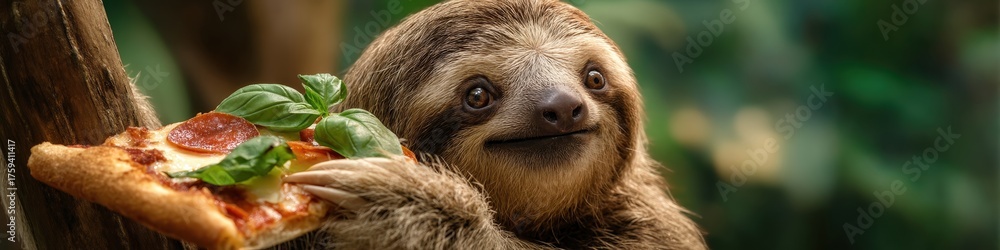 Obraz premium Humorous portrait: a smiling sloth holding a slice of pepperoni pizza